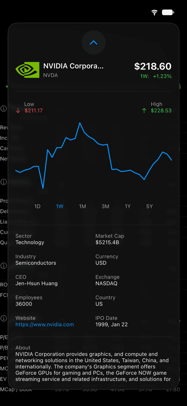A stock's live price chart and company profile in Investily