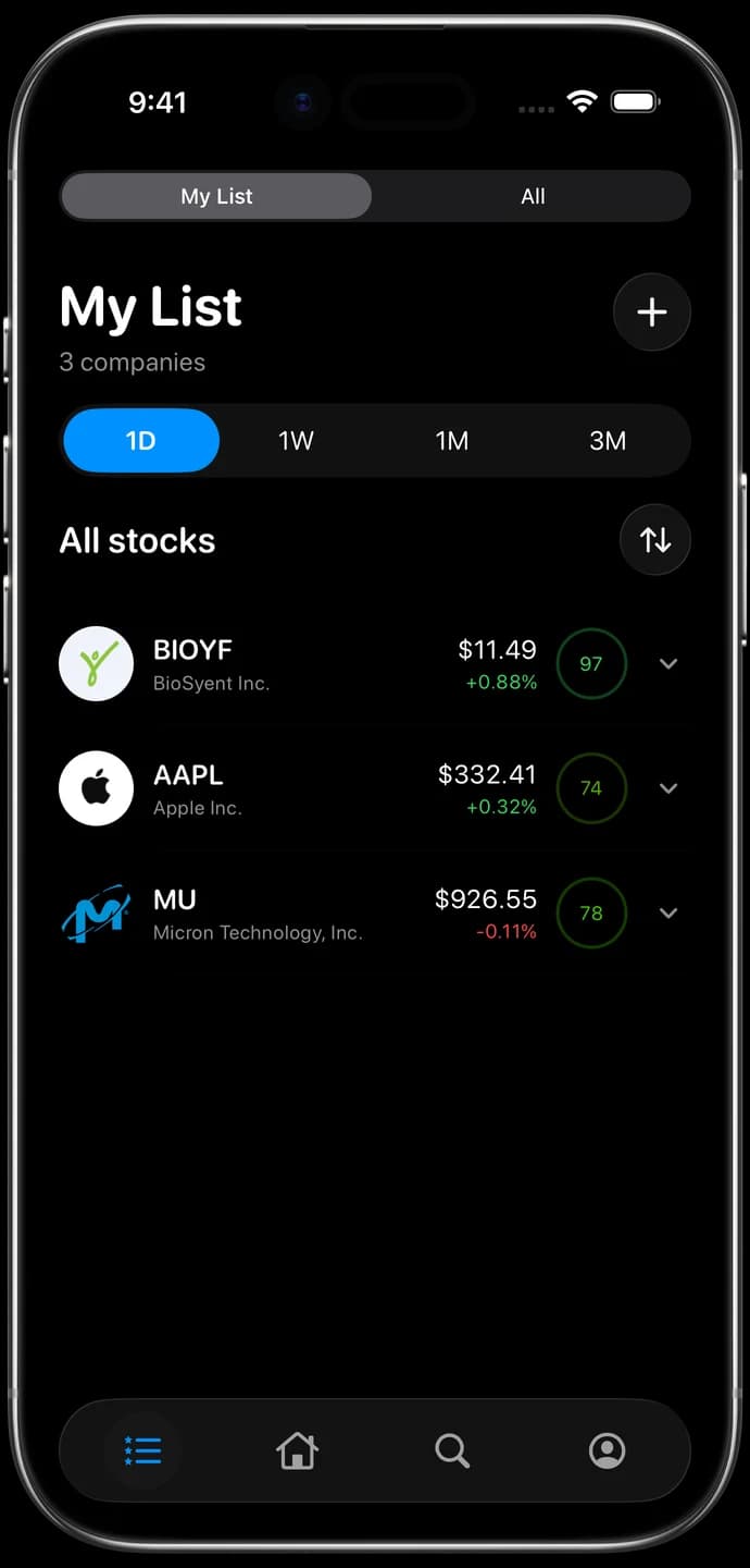 Investily My List on iPhone with portfolio, watchlist, and recently viewed companies
