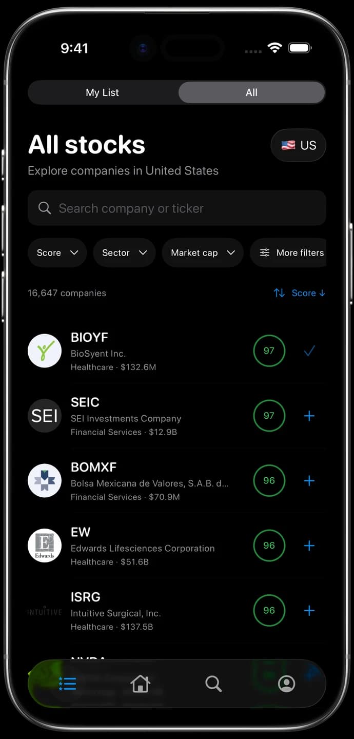 Investily stock screener on iPhone with company filters