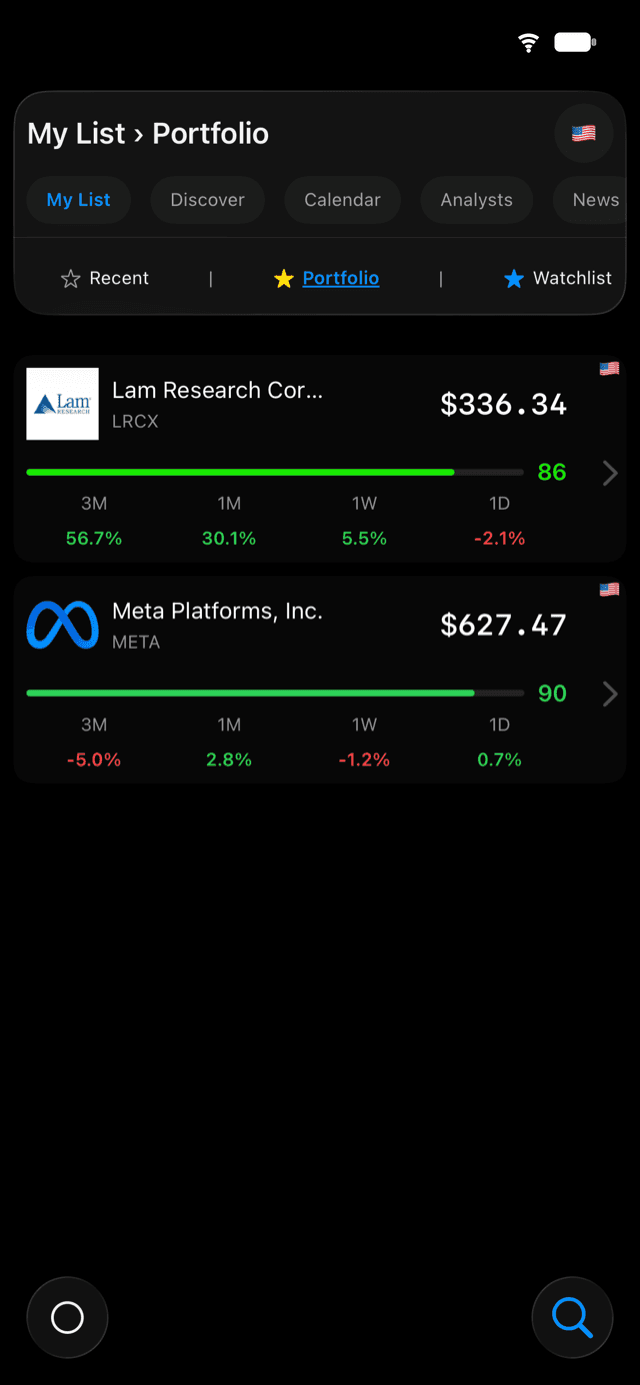 Investily portfolio screen with holdings, scores and price moves