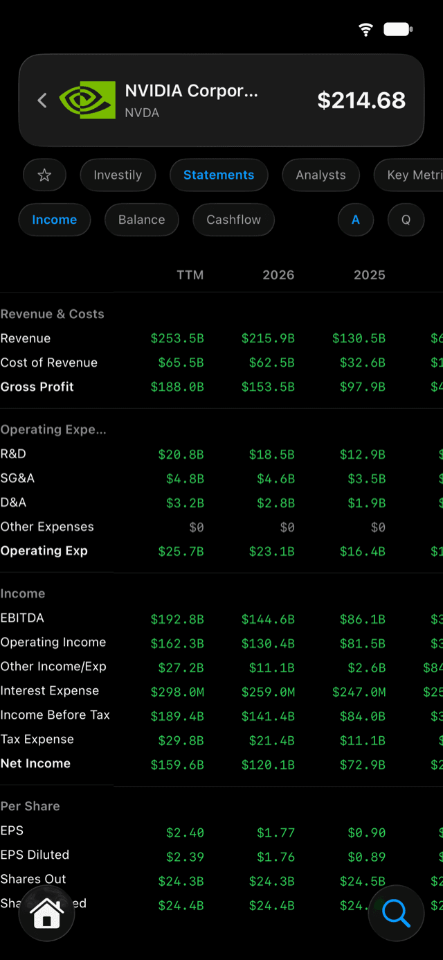 Investily income statement with decades of history
